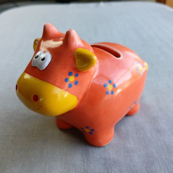 Adorable Mini Cow Piggy Bank ceramic orange yellow blue flowers 4"L x 2"W x 3"H - Picture 3 of 12